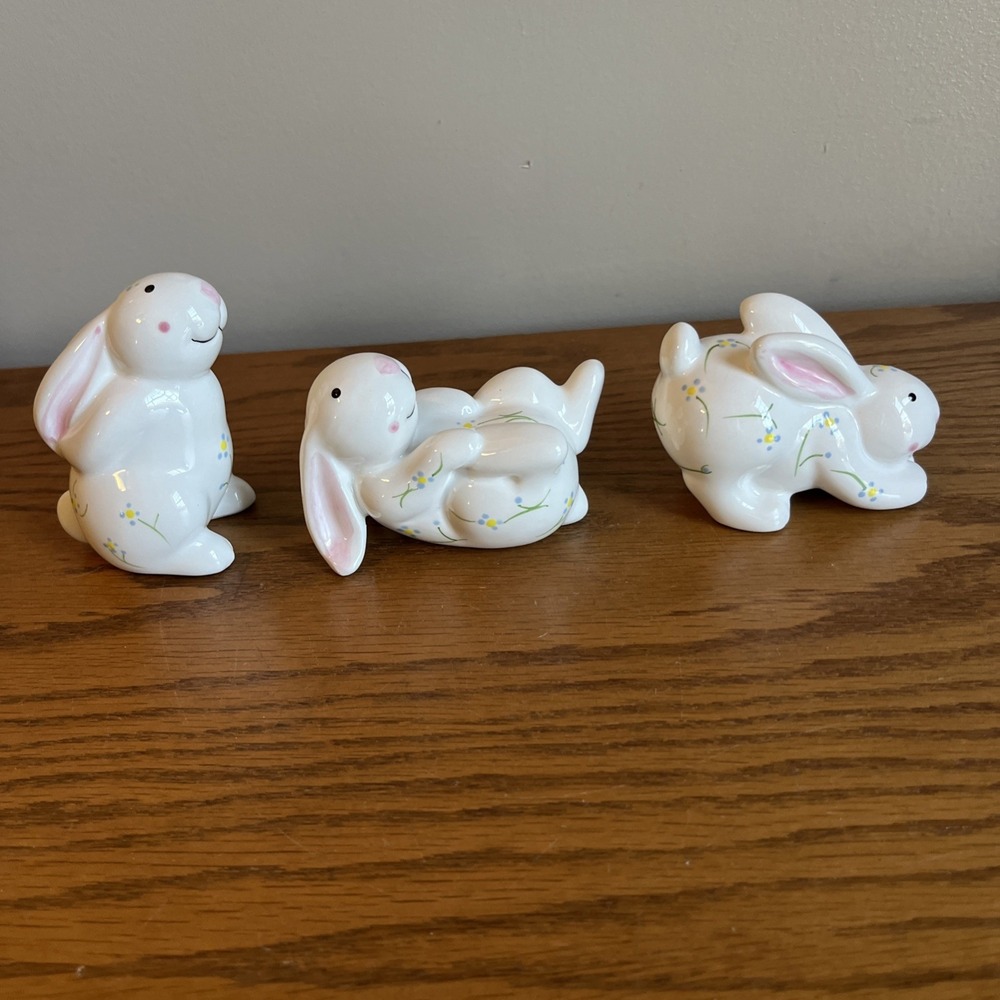 Enesco P Silin Palmer Porcelain Bunnies Figurine Easter Springtime 90s Set Of 3